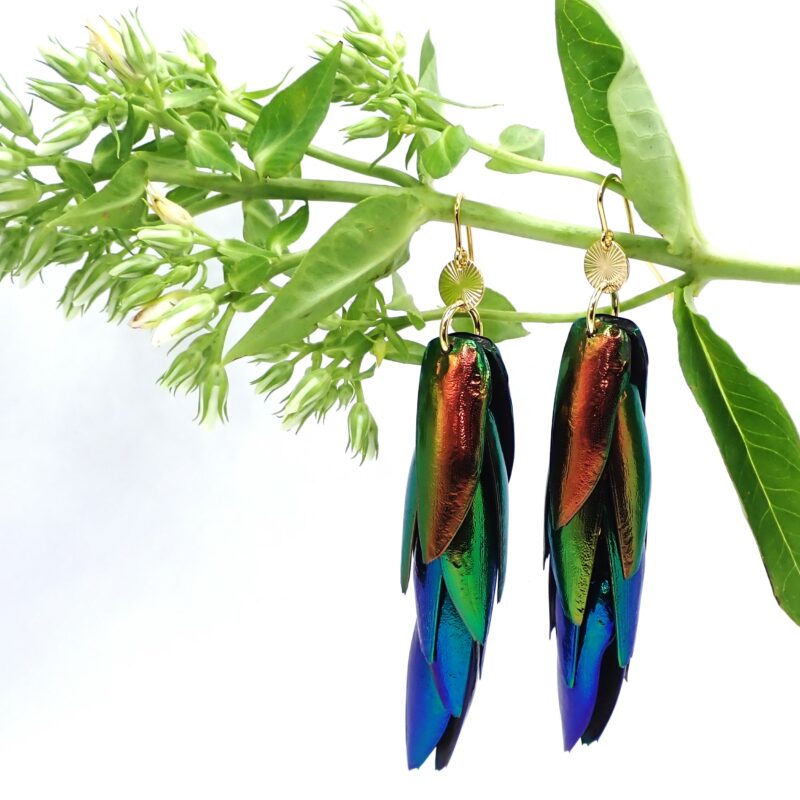 Juwelkäfer Ohrringe in Kupfer, Grün und Blau-Lila, Ohrhaken und Ornamente aus Sterlingsilber und vergoldet